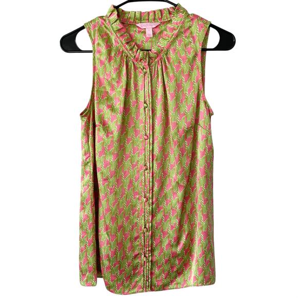 LILLY PULITZER Silk Crissa Blouse Button Front Ruffle Lime Green Pink Size 6 - Picture 1 of 5